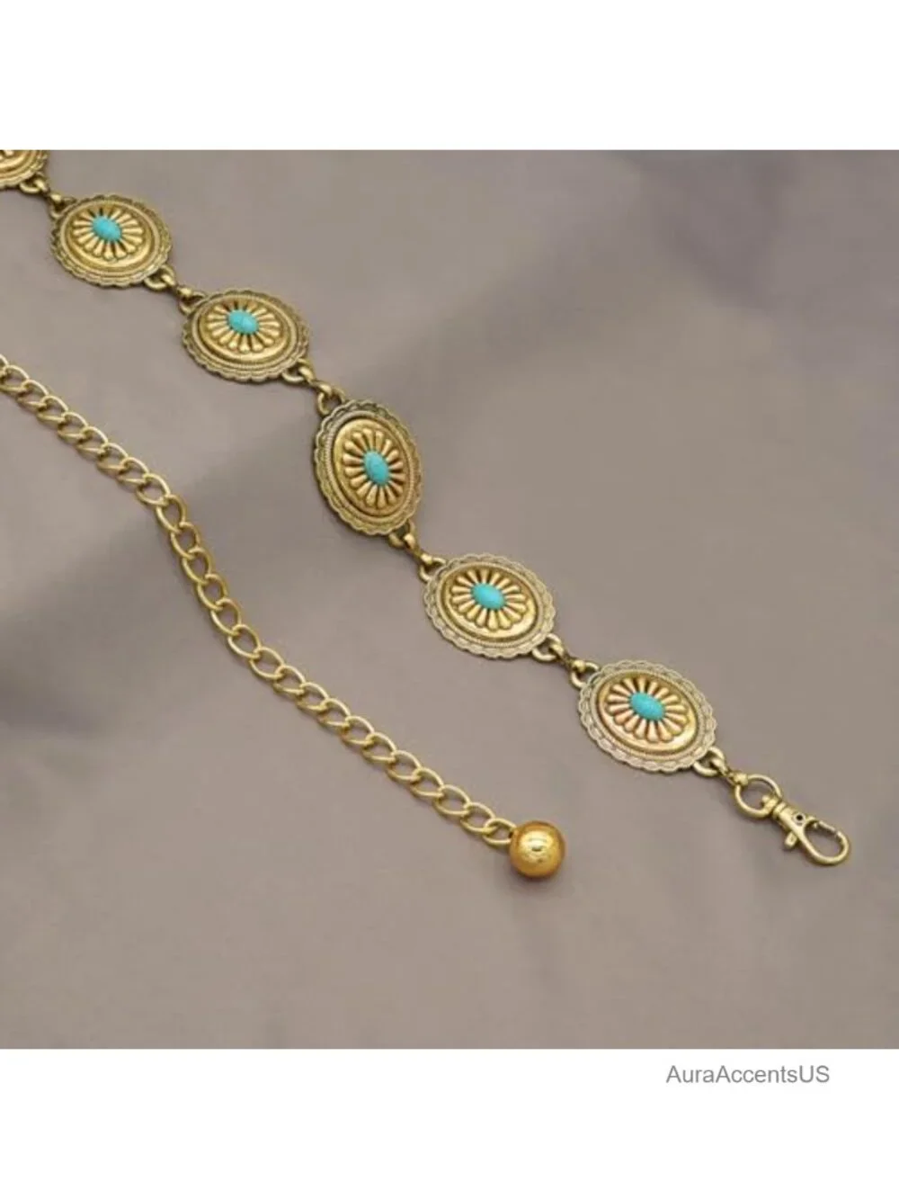 Metal Turquoise Concho Chain Belt Western Cowgirl Waist Chain